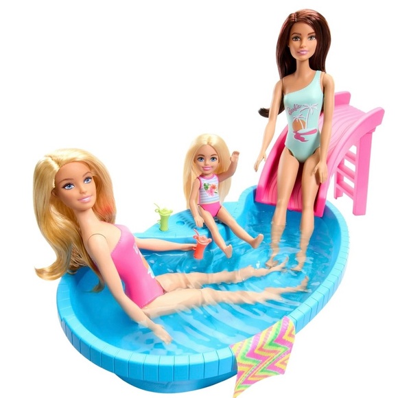 Barbie Doll and Pool Playset Blonde with Pool, Slide, Towel & Drink Accessories - Picture 4 of 6